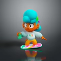 Game And Movie Character Blue Hair Rainbow Shirt Standing On Colorful Skateboard Holding Green Item