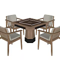 Modern Square Entertainment Table with Central Game Surface and Wooden Woven Backrest Chairs