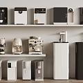 Modern Coffee Makers And Water Dispensers On Shelves In Black White Beige