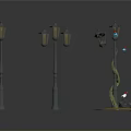 Architectural Street Lamps Featuring Various Designs With Single Multiple Lights And Vine Decorations