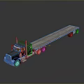 Black Flatbed Truck With Long Wooden Deck And Multiple Wheels On Dark Surface