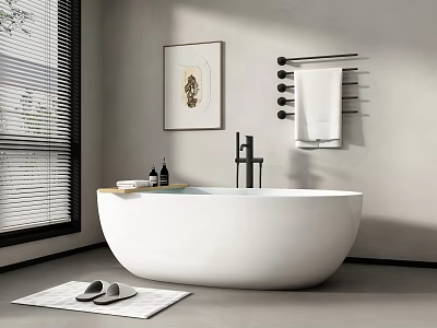 White Freestanding Bathtub Bathroom Interior With Window Blinds Wall Artwork Towel Rack Mat And Slippers 3d model