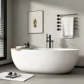 White Freestanding Bathtub Bathroom Interior With Window Blinds Wall Artwork Towel Rack Mat And Slippers