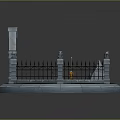 Scenic Circular Stone Fence Landscape With Grass Stone Arches Black Iron Gate Decorative Pillars And Monument