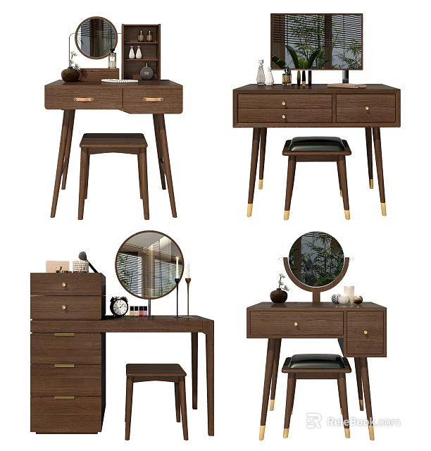 Modern Wooden Dressing Table Design With Drawers Stool And Decorative Mirror 3d model