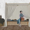 Single Bed with White Canopy Wooden Frame Traditional Attire Near Wooden Chest Lantern Green Cloth