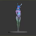 3D Game and Movie Character with Blue Hair Rabbit Ears Gradient Body Standing on Circular Base