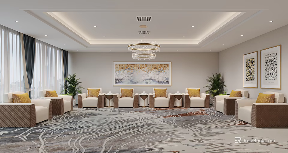 Elegant Modern Hotel Public Lounge Area With Comfortable Sofa Chandelier Decorative Painting And Potted Plants 3d model 