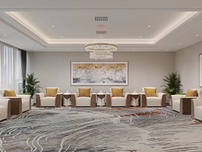 Elegant Modern Hotel Public Lounge Area With Comfortable Sofa Chandelier Decorative Painting And Potted Plants 3d model