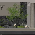 Natural Indoor Landscape With Rock Wall Green Tree Ferns Stones And Round Lights