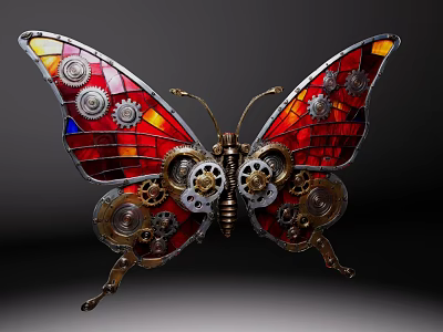 Stained Glass Butterfly Decorative Ornament Set With Metal Gears And Artistic Design 3d model
