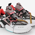 Modern Stylish Sneakers Featuring Gray Red White Color Yellow Laces And Blue Sole Details
