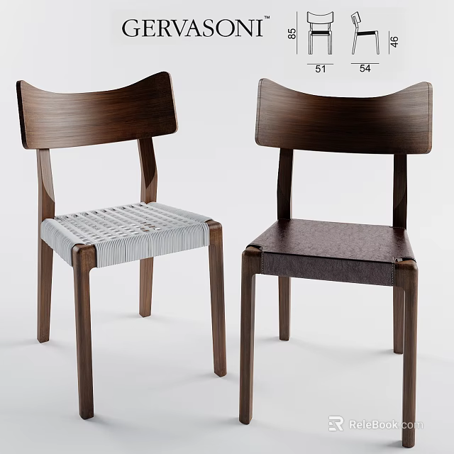 Two Wooden Dining Chairs With Curved Backrests And Woven Light Gray Dark Seats 3d model 