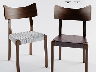 Two Wooden Dining Chairs With Curved Backrests And Woven Light Gray Dark Seats 3d model