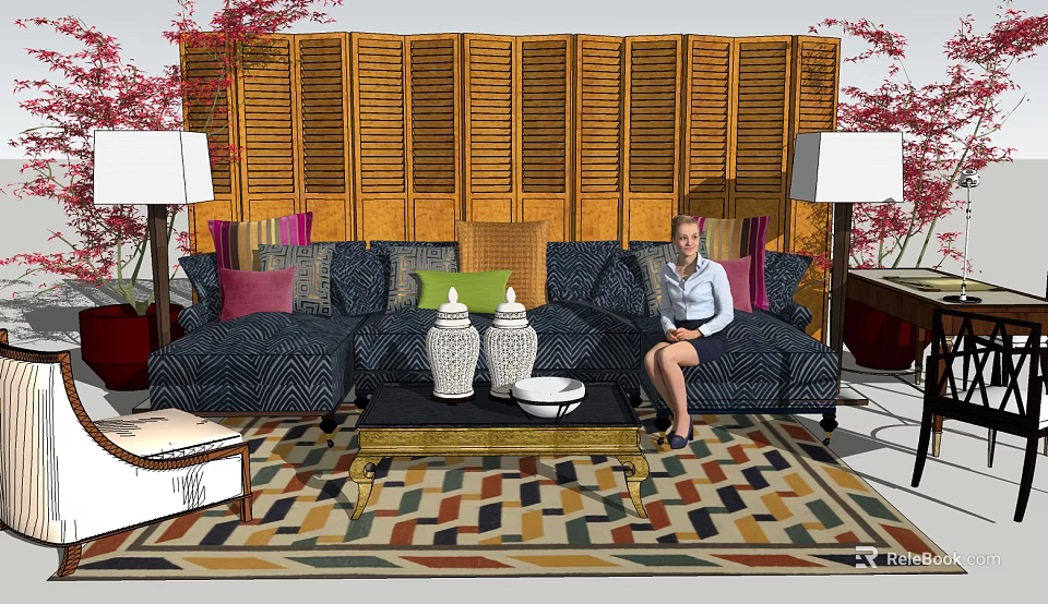 Sofa Coffee Table Set with Colorful Cushions White Vases Wooden Shutters and Geometric Rug 3d model 