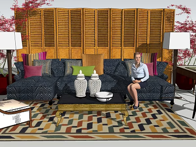 Sofa Coffee Table Set with Colorful Cushions White Vases Wooden Shutters and Geometric Rug 3d model