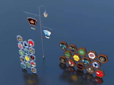 Vibrant Household Items Display On Hexagonal Boards With Icons And Street Lamp 3d model