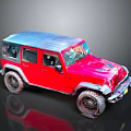 Red Off Road Jeep Style Vehicle With Blue Roof Large Tires And Rugged Body Design