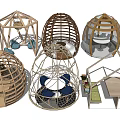 Modern Public Chairs With Wooden Frames Net Like Structures And Blue Cushions 3d model