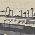 Modern Metal Faucets Displayed on Shelf with Water Flow and Sink