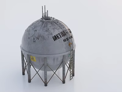 Industrial Metal Metan Storage Tank With Gray Exterior And Warning Signs Supports Ladder 3d model