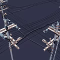 Roadside Facilities Featuring Utility Poles Overhead Wires And Street Lamps With Illuminated Yellow Lights