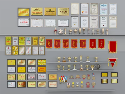 Different Types of Trophies Medals Certificates and Banners Display Collection for Awards 3d model