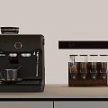 Black Coffee Machine With Wooden Spice Rack And Glass Jars On Kitchen Counter