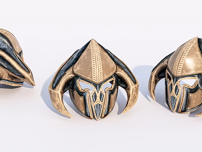 Decorative Gold And Black Helmets With Intricate Patterns And Horned Design 3d model