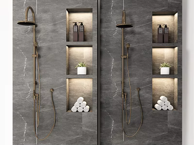 Luxury Rain Shower on Gray Marble Wall with Lit Niches Bath Products and Toilet Rolls 3d model
