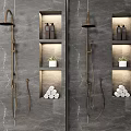 Luxury Rain Shower on Gray Marble Wall with Lit Niches Bath Products and Toilet Rolls