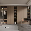 Modern Walk in Closet Interior Design With Wooden Cabinets Open Hanging Area And Desk Chair