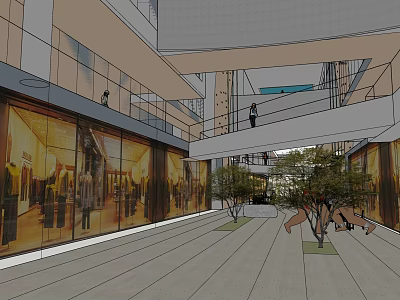 Modern Commercial Street Featuring Glass Shop Windows Pedestrians Green Trees And Walkway 3d model
