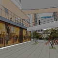 Modern Commercial Street Featuring Glass Shop Windows Pedestrians Green Trees And Walkway