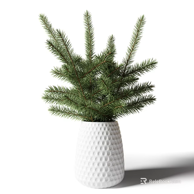 White Dotted Vase With Fresh Green Pine Branches And Lush Foliage 3d model