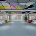 Sports Fitness Gym Corridor With White Tiled Floor And Gray Walls