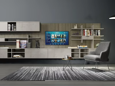 Modern TV Wall Unit With Open Closed Storage Compartments Books Decor TV In Living Room 3d model