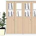 Light Wood Bookcase With Glass Doors And Wooden Cabinets Holding Books And Potted Plant Beside