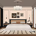 Stylish Bedroom Interior With Bed Framed Art Chandelier Bedside Tables And Patterned Rug