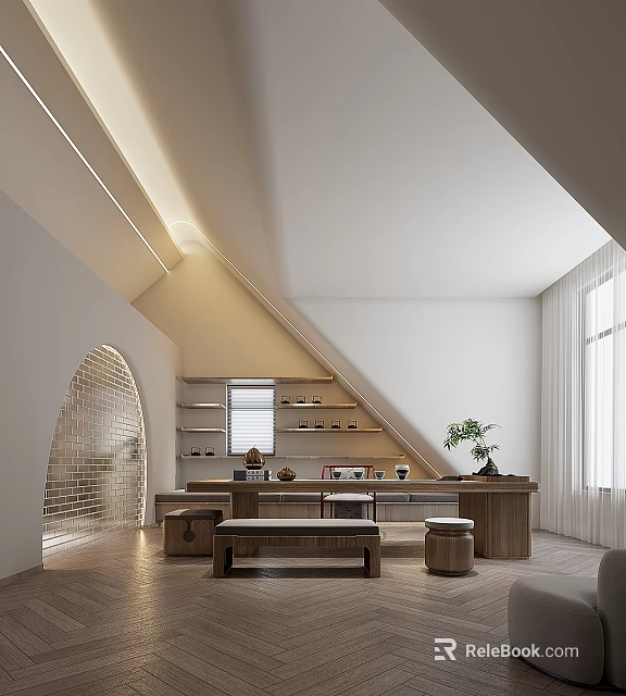 Modern Minimalist Tea Room Interior With Arch Brick Wall And Wooden Furniture 3d model 