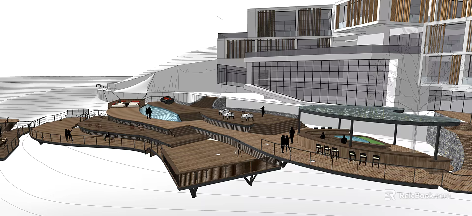 Modern Road Facilities With Wooden Walkways Platforms And Water Features Near Buildings 3d model 