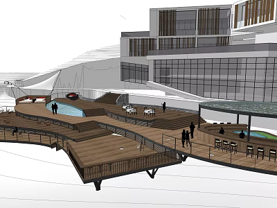 Modern Road Facilities With Wooden Walkways Platforms And Water Features Near Buildings 3d model