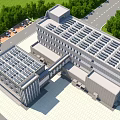 Modern Office Building With Glass Curtain Walls Gray Exterior And Green Lawn Under Blue Sky