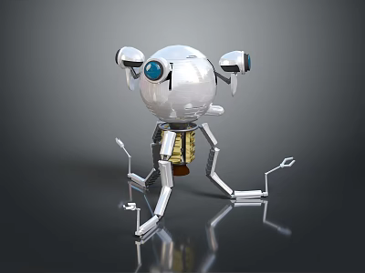 Shiny Silver Robot Mechanical Creature With Round Head Blue Eye And Metallic Legs 3d model