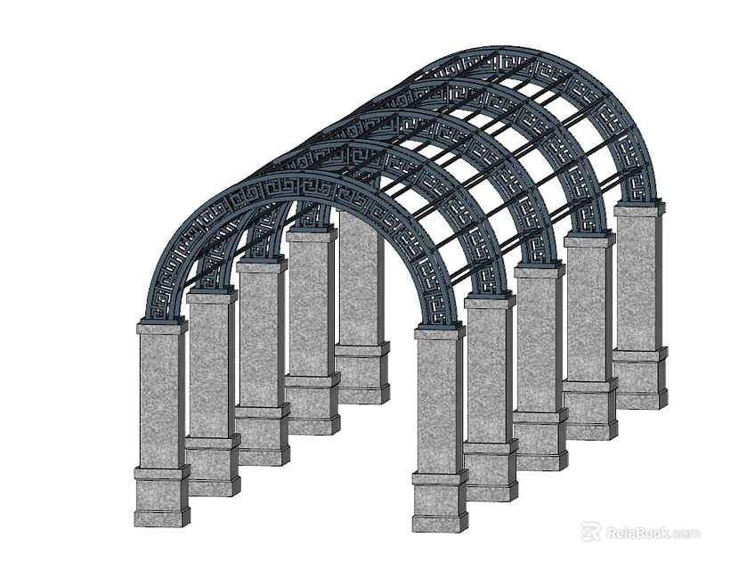 Outdoor Arched Pergola Design With Multiple Arches Stone Pillars And Metal Frame 3d model 
