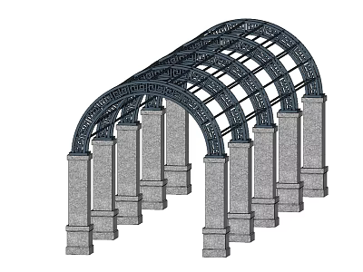 Outdoor Arched Pergola Design With Multiple Arches Stone Pillars And Metal Frame 3d model