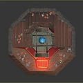 Cartoon Medieval Scene With Stone Walls Wooden Platforms Lit Torches Red Carpet And Central Archway
