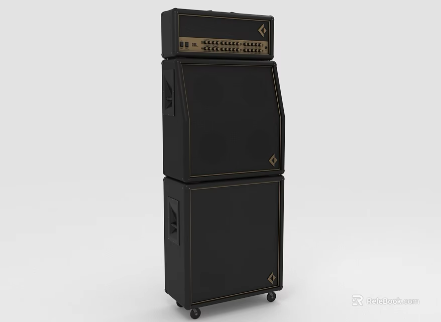Black Stacked Audio Speaker System With Mobile Wheels And Control Panel 3d model