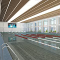 Indoor Swimming Pool With Numbered Lanes 4 5 6 Large Windows And Wooden Strip Ceiling
