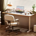 Modern Desk And Office Chair Setup With Laptop Tulips Lamp Stationery Blinds On Wood Floor
